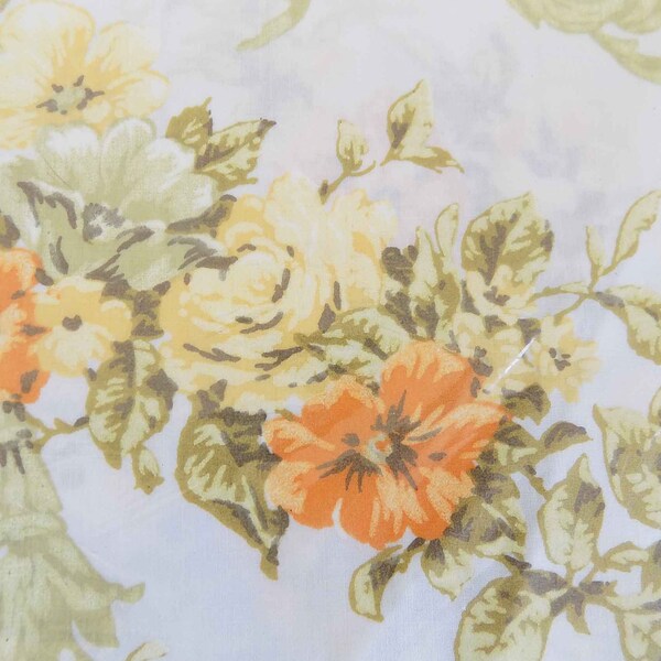 Full Size Flat White Cotton Sheet with Yellow Tones Floral Border - Vintage Bedding, Home Decor - NOS