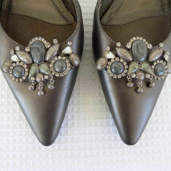 Pewter  Kitten Heel Slingback Pumps  with Rhinestone Adornment - Vintage Women's Shoes - Talbots