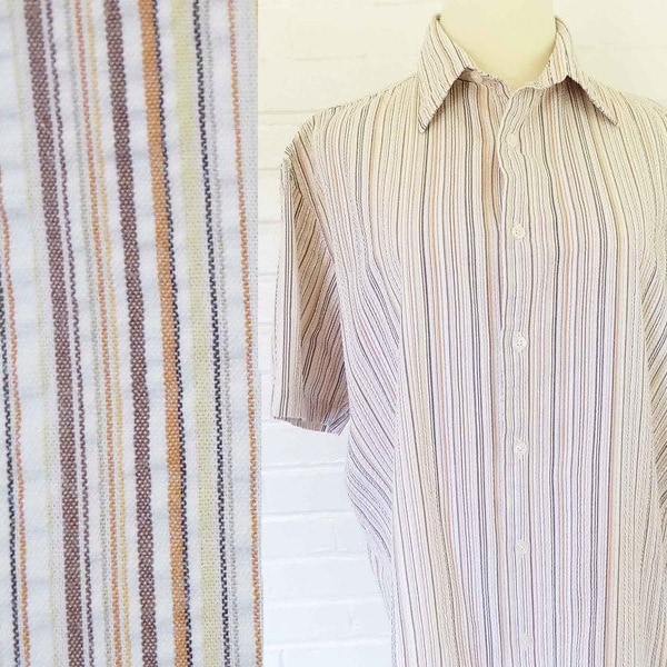 Striped Seersucker Short Sleeve Shirt - Perry Ellis - Size Medium - Neutrals -  Button Up - Men's, Unisex - Vintage Clothing - Indonesia