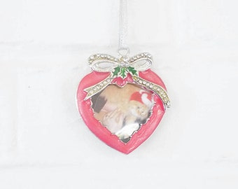 Mini Enamel Heart Frame, Photo Ornament - Vintage Christmas Tree, Home Decor