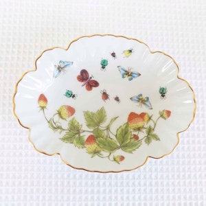 Strawberries and Butterflies Porcelain Bowl Dish - Spring Time Pattern = Royal Crown - Vintage Trinket, Candy, Jewelry Dish - Made in Japan