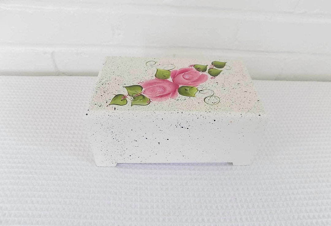 Handmade Wood Box Hand Painted Pink Flowers Folk Art Vintage Jewelry ...
