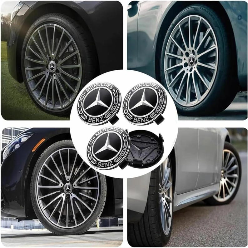 4x Black Mercedes Alloy Wheel Centre Hub Caps - 75mm Fit A, B, C, E, S, M, ML, CLA, GLA