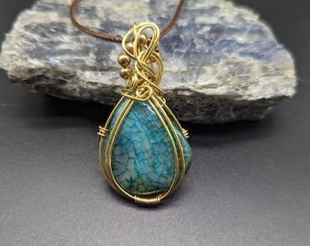 Aqua Dragons Vein Agate Pendant: Gold Wire Wrapped Crystal Jewelry