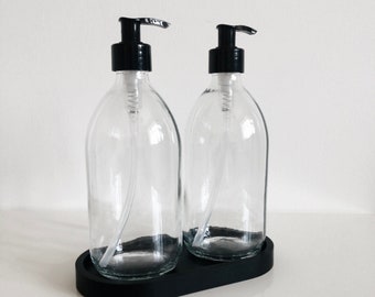 Glass soap dispenser set Amber or Clear 500ml with 8 sticky labels. house warming gift, concrete tray, Jesmonite tray, bathroom set