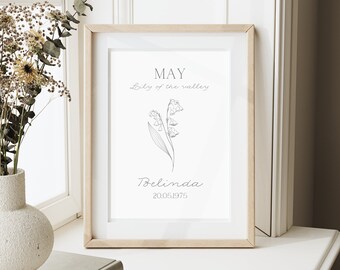 Personalised Birth Month Flower Print | Birth Flower Name Print | Line Art Print | Personalised Mothers day Gift | Birthday Gift Wall Art