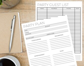 Pode incluir: Uma lista de verificação imprimível para o planejamento de festas com seções para uma lista de convidados, um plano de festa e notas. A lista de verificação inclui campos para o nome, endereço, telefone, RSVP, data, tema, local, orçamento, código de vestimenta, comida e bebidas, decorações, entretenimento, música e notas.