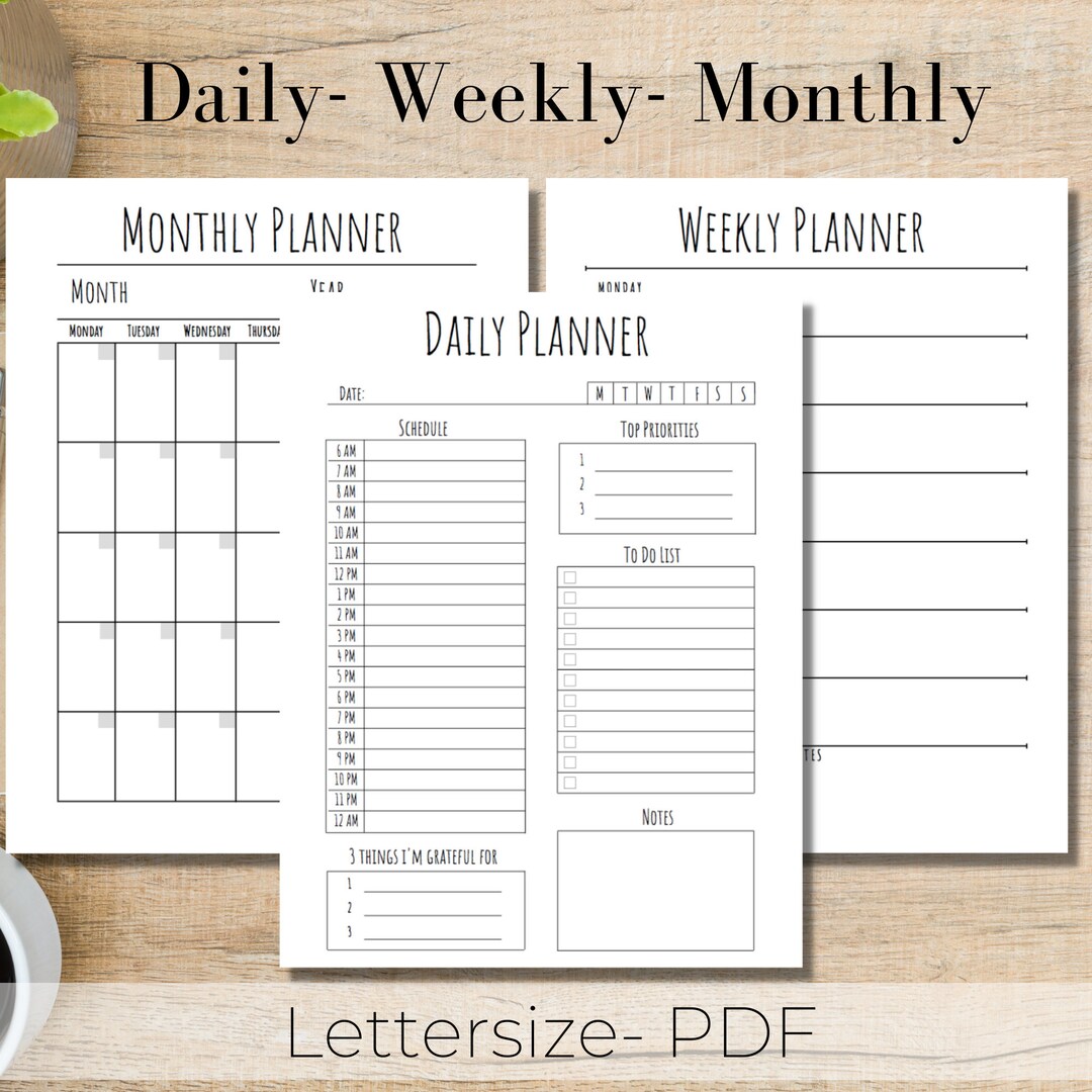 Minimalist Daily Weekly Monthly Planner, Simple Design (PDF Printable ...