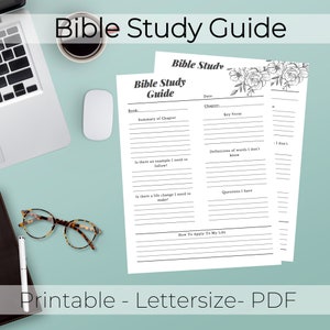 May include: Printable Bible study guide with floral design. The guide includes sections for book, chapter, key verse, summary of chapter, definitions of words, questions, and how to apply to life.