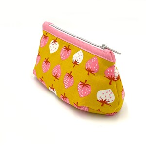 Toiletry bag cosmetic bag makeup bag zippered bag pink and white strawberries on yellow pink inside image 3