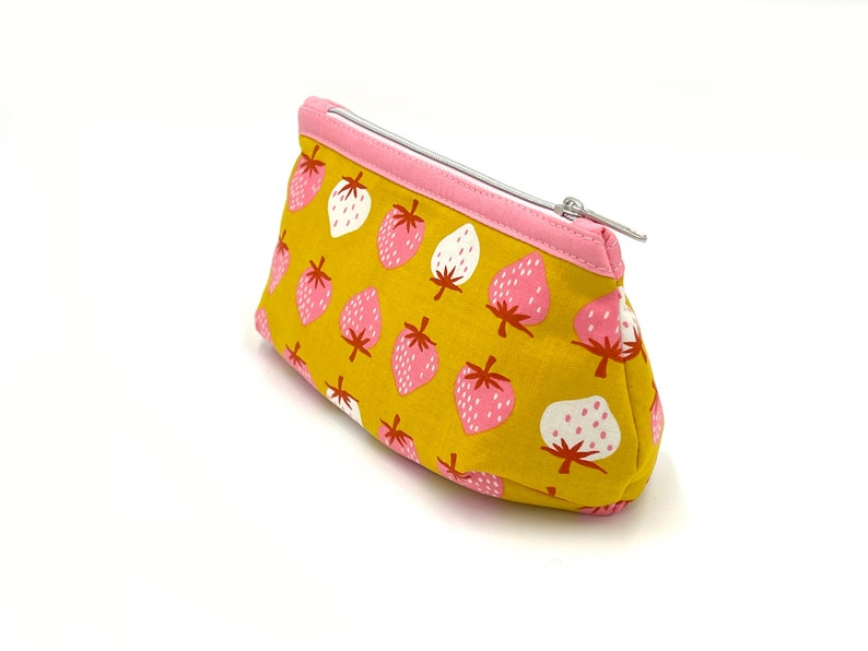 Toiletry bag cosmetic bag makeup bag zippered bag pink and white strawberries on yellow pink inside image 3