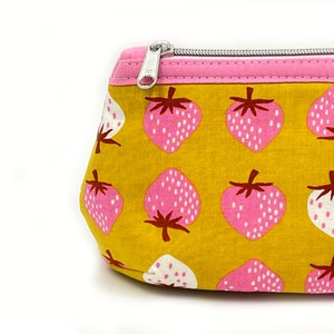 Toiletry bag cosmetic bag makeup bag zippered bag pink and white strawberries on yellow pink inside image 4