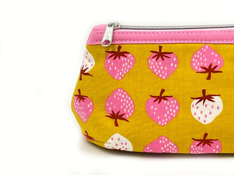 Toiletry bag cosmetic bag makeup bag zippered bag pink and white strawberries on yellow pink inside image 4