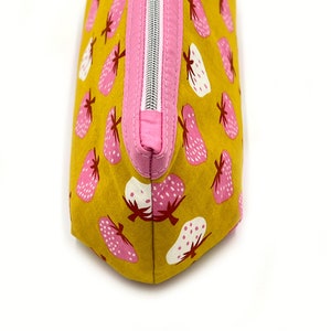 Toiletry bag cosmetic bag makeup bag zippered bag pink and white strawberries on yellow pink inside image 10