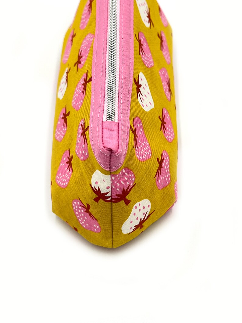 Toiletry bag cosmetic bag makeup bag zippered bag pink and white strawberries on yellow pink inside image 10