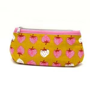 Toiletry bag cosmetic bag makeup bag zippered bag pink and white strawberries on yellow pink inside image 6