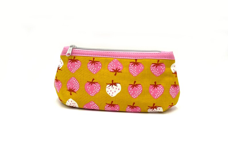 Toiletry bag cosmetic bag makeup bag zippered bag pink and white strawberries on yellow pink inside image 6