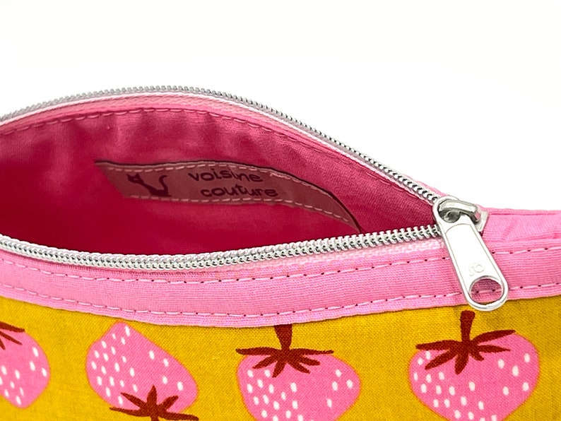 Toiletry bag cosmetic bag makeup bag zippered bag pink and white strawberries on yellow pink inside image 9