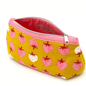 Toiletry bag cosmetic bag makeup bag zippered bag pink and white strawberries on yellow pink inside image 5