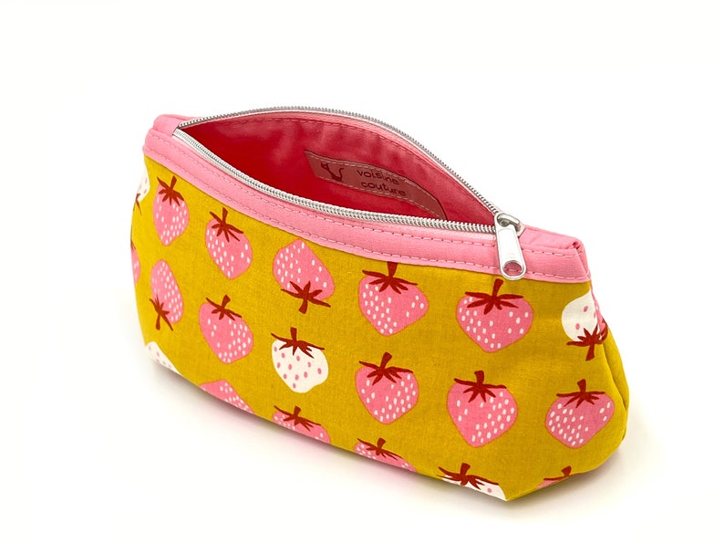 Toiletry bag cosmetic bag makeup bag zippered bag pink and white strawberries on yellow pink inside image 5