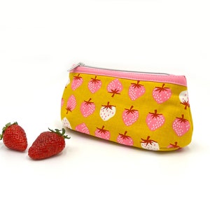 Toiletry bag cosmetic bag makeup bag zippered bag pink and white strawberries on yellow pink inside image 1