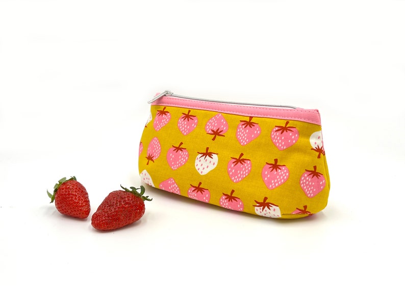 Toiletry bag cosmetic bag makeup bag zippered bag pink and white strawberries on yellow pink inside image 1