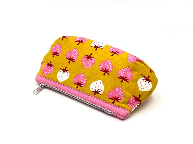 Toiletry bag cosmetic bag makeup bag zippered bag pink and white strawberries on yellow pink inside image 7