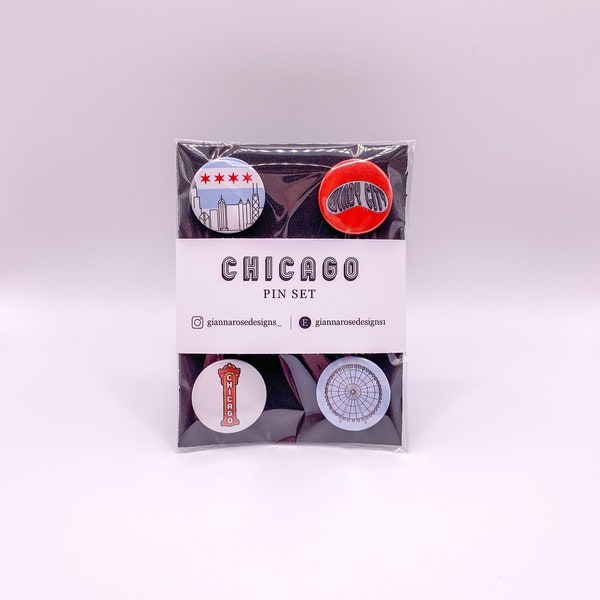 Chicago Pin or Magnet Set | Set of 4  - Skyline, Chicago Flag, The Bean, Chicago Theatre, Navy Pier | 1" Buttons