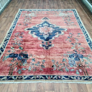 8.4x11 Handknotted Wool Rug: Pink & Navy Floral Turkish Oushak