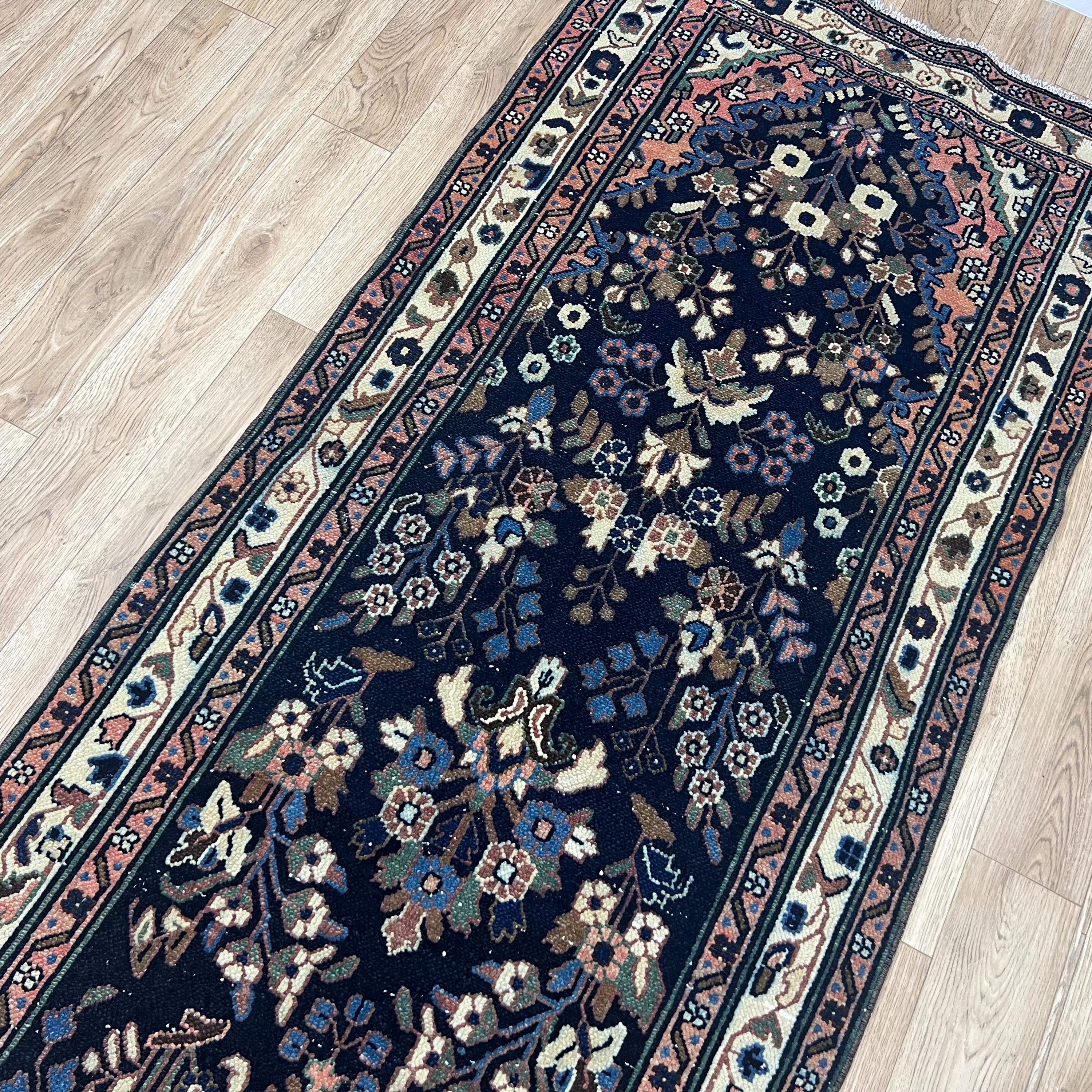 アンティークトルコランナーラグ：3 x 16フィートのネイビーブルー