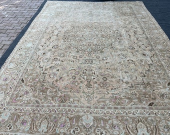 9X12.4 Traditional Rug, Neutral Vintage Turkish Rug, Neutral Oushak Rug, 9X12.4 Turkish Rug, 9x12.4 Antique Area Rug, Oversize Muted Rug