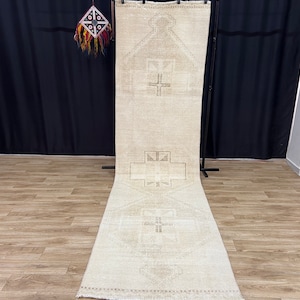 3x12 Neutral Turkish Runner rug,3x12 Vintage Runner Rug, Oushak Runner Rug, Antique Runner Rug, Hallway Runner Rug, 3x12 Runner Rug