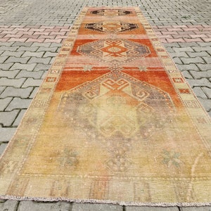Hand-Knotted Oushak Turkish Runner Rug: 3.5x13 ft Vintage Hallway Rug