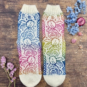 Könnte beinhalten: Ein Paar weiße gestrickte Socken mit einem bunten Blumenmuster. Die Socken sind aus einem Farbverlaufsgarn gefertigt, das von Blau über Grün, Gelb, Orange, Rosa bis Rot reicht.