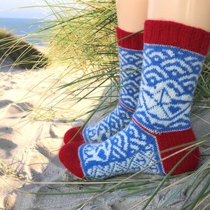 Könnte beinhalten: Ein Paar blaue und weiße gemusterte Socken mit roten Bündchen. Die Socken sind gestrickt und haben ein geometrisches Muster.