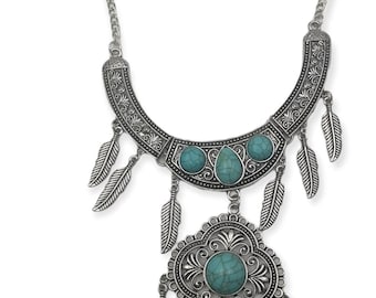 Vintage Silver Turquoise Inlay Pendant Necklace: Oriental Style Jewelry