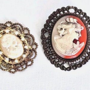 2 Pair Cameo Brooch Pin Pink + Pendant Hand Carved Shell Victorian Leaf Jewelry