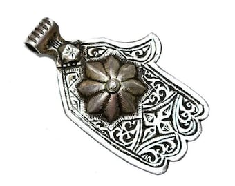 Vintage Israel Hamsa Hand Jerusalem Necklace Evil Eye Judaica Jewish Moroccan Silver Authentic Antique Jewelry Pendant