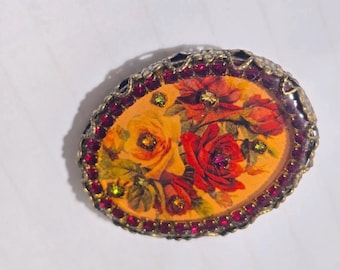 Romantic Copper Brooch Red Crystals Flower Painting Filigree Handmade Women's Jewelry