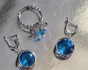 Vintage Signed 925 Silver Ring Pair of Earrings Jewelry Gift Set Topaz Stone