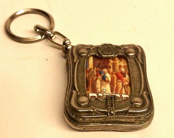 Vintage Silver Plated Israel Key Ring: Miniature Psalm Book Pendant