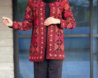 Palestinian Tatreez Embroidery Jacket: Red Black Thobe