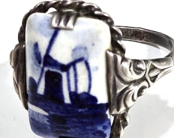 Vintage Signed Dutch Silver 925 DELFT Painting Porcelain Women’s Jewelry Ring Size 6