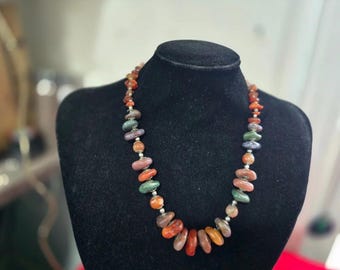 Vintage Multicolor Stone Beaded Glass Necklace Made of Colorful Agate Stones Women Jewelry