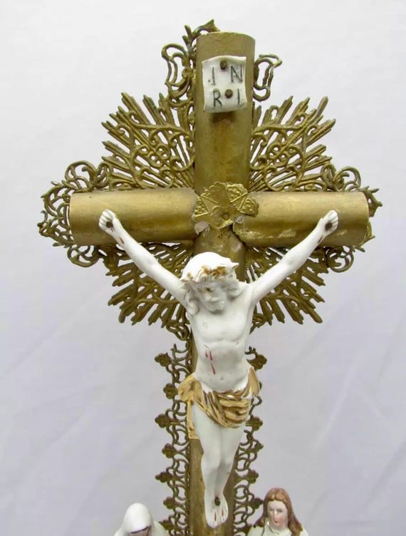 Vintage Brass Jesus Cross Clock: Porcelain Christian Statue, Home