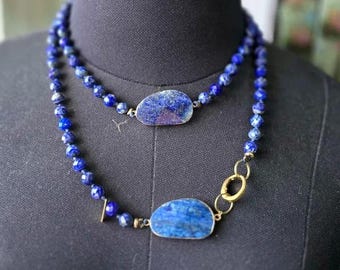 Long Vintage Necklace Made of Lapis Lazuli Gemstone Blue Beads large Stones Women's Jewelry