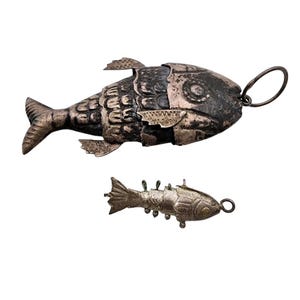 Vintage 2 Amulets Articulated Fish Charm Silver Moveable Jewelry Pair Pendants