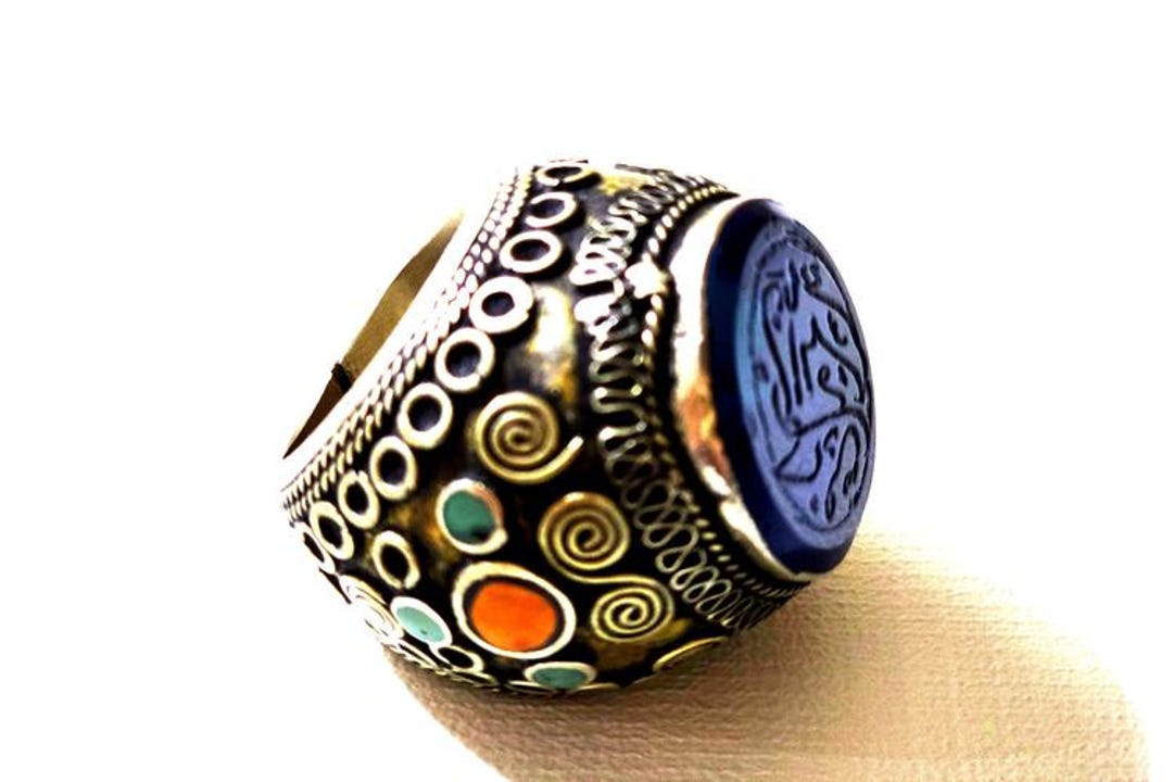 Islamic Men's Ring, Filigree Work Engraved Stone Multi-gemstone Ancient ...
