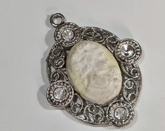 Antique Marcasite Carved Shell Victorian Handmade Cameo Necklace Pendant