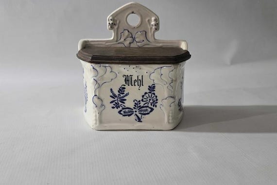 Porcelain Salt Container written flour Very Old Wooden Lid like New Condition